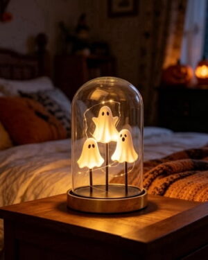 Halloween Ghost Glass Cloche Night Light, 3 Mini Ghost Figurines Cozy Warm White Dome Lamp, Spooky Decor for Bedroom Nightstand, Shelf, Living Room, Halloween Party Home Decor, White