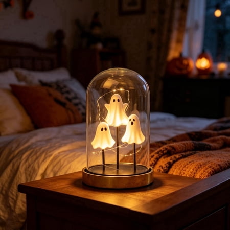 Halloween Ghost Glass Cloche Night Light, 3 Mini Ghost Figurines Cozy Warm White Dome Lamp, Spooky Decor for Bedroom Nightstand, Shelf, Living Room, Halloween Party Home Decor, White