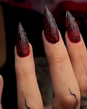 Halloween Press on Nails Medium Stiletto Almond Nails Press ons Black Red Fake Nails Full Cover Glossy Stick on Nail 3D Terror Stripe with Designs Glue on False Nail for Women 24Pcs