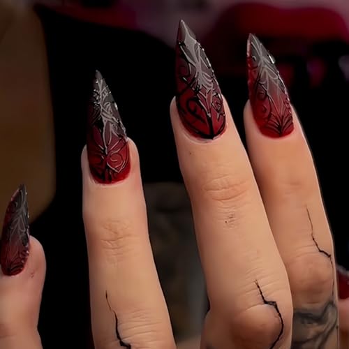 Halloween Press on Nails Medium Stiletto Almond Nails Press ons Black Red Fake Nails Full Cover Glossy Stick on Nail 3D Terror Stripe with Designs Glue on False Nail for Women 24Pcs