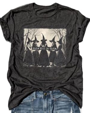 Halloween Shirts for Women Girls Will Be Girls Halloween Shirts Vintage Witch Shirt Casual Funny Halloween Party Shirt (M, Girls-Dark Grey)