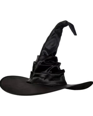 Halloween Witch Hat, Women's Costume Accessory, Black Wide Peak Pointed Pleated Wizard Headdress, Breathable Cloth Material, Foldable, Lightweight, Party and Cosplay Use
