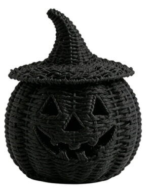 Halloween Woven Seagrass Pumpkin For Spooky Halloween Candy Storage And Home Decor, Black Handcrafted Witch Hat Woven Seagrass Pumpkin For Festive Parties, Premium Decorative Woven Seagrass Pumpkin