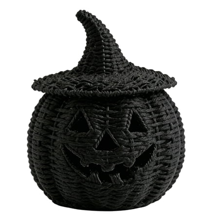 Halloween Woven Seagrass Pumpkin For Spooky Halloween Candy Storage And Home Decor, Black Handcrafted Witch Hat Woven Seagrass Pumpkin For Festive Parties, Premium Decorative Woven Seagrass Pumpkin