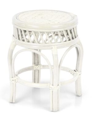 Handmade Round Stool Ginger Natural Rattan Wicker Fully Assembled Plant Stand, White