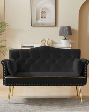 hansones 55-Inch Modern Velvet Loveseat Sofa with Gold Metal Legs & Side Pockets, Tufted Backrest, Perfect for Living Room, Bedroom, or Office (Black)