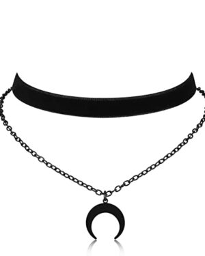 HEXALOVA Gothic Layered Necklace, Black Velvet Choker with Moon Pendant