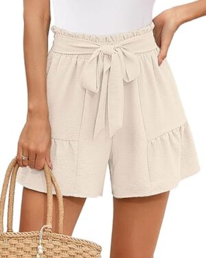 Heymoments Women's Wide Leg Shorts Lightweight Ivory Large High Waisted Flowy Adjustable Tie Knot Loose Fit Summer Cute Trousers