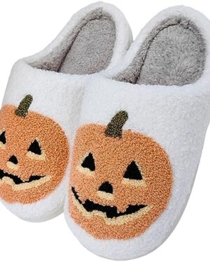 HIPINISS Halloween Pumpkin Slippers for Women Men Halloween Spooky Lantern Pumpkin Plush Warm Slippers Indoor Outdoor Memory Foam House Home Winter Shoes,Pumpkin White 43-44