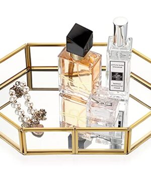 Hipiwe Mirror Glass Vanity Tray - Gold Ornate Makeup Organizer Perfume Tray