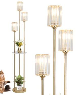 HMVPL Gold Floor Lamps for Living Room, Modern Floor Lamp with Shelves, Crystal Standing Lamps with Table, Brass Tall Lamp with Crystal Shade, On/Off Switch, Mid Century Corner Floor Lamp for Bedroom