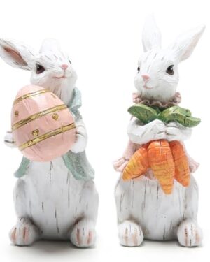 Hodao Easter Bunny Decorations Spring Home Decor Bunny Figurines Gifts(Easter White Rabbit 2pcs)