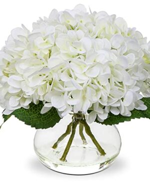 Hollyone Hydrangea Artificial Flowers with Vase White Silk Fake Flowers Arrangements in Glass Vase with Faux Water for Home Bathroom Office Table Centerpiece Shelf Decorations