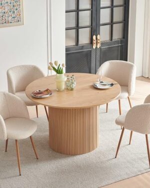 Homedot 5 Piece Modern Round Dining Table and 4 Off White Barrel Kitchen Chairs Set, 47" Kitchen Table Wooden with Oak Veneer Tabletop, Faux Fur Sherpa Round Dining Chairs Table Set, Metal Frame