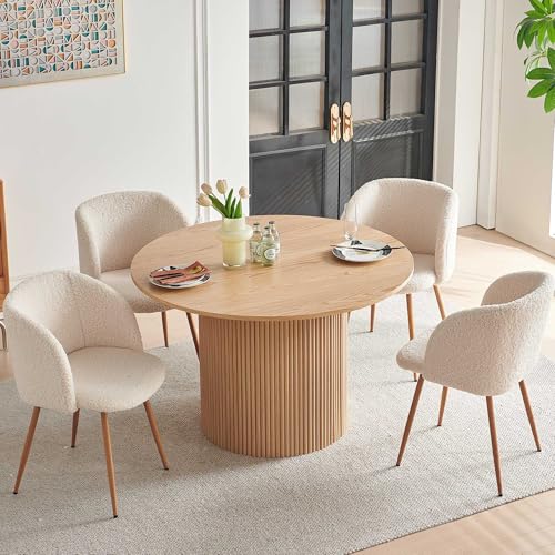 Homedot 5 Piece Modern Round Dining Table and 4 Off White Barrel Kitchen Chairs Set, 47" Kitchen Table Wooden with Oak Veneer Tabletop, Faux Fur Sherpa Round Dining Chairs Table Set, Metal Frame