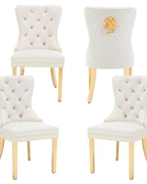 Homedraft Velvet Dining Chairs Set of 4 with Gold Legs and Lion Head, Beige