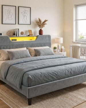 Homkdom King Bed Frame with Charging Station & Storage Headboard,Grey