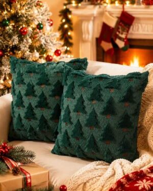 HOMPOOLL 2-Pack Christmas Pillowcases, 18x18 Inches, Beige Christmas Tree Pattern, Soft Faux Fur Sherpa Pillowcases, Winter Holiday Decorations For Sofa Living Rooms
