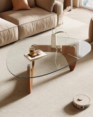 Honyee Morden Coffee Table, 42.5" x 28.5" x 16.1" Triangle Tempered Glass Top for Living Room, Color: Natural Wood