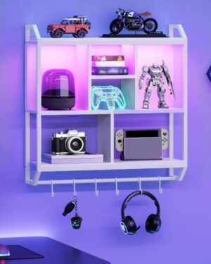 HOOBRO Gaming Floating Shelves with LED Lights, 28.7" LED Wall Mounted Shelf, 3-Tier Display Rack for Wall Storage, Floating Rack with Hanging Rod and 6 S-Hooks, for Gaming Room, White WT70DBJ01