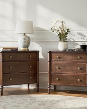 HULALA HOME Traditional End Table with Charging Station, Fluted End Tables with Wood Drawers and Solid Wood Spindle Legs, 28 Inch Wide Storage Set of 2, Walnut