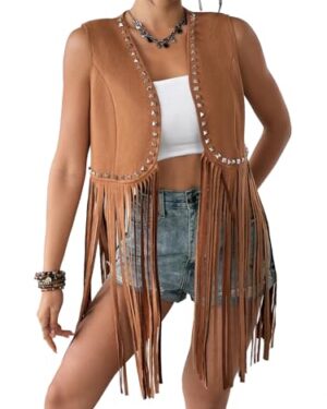 HYTENSUN Women's Fringe Vest Cardigan 70s Hippie Rivets Tassel Sleeveless Studded Jacket Cowboy Western Outfit for Women Brown M