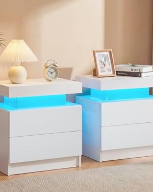 i-aplus White Modern LED Nightstand Set of 2 with 2 Wood Drawer for Bedroom