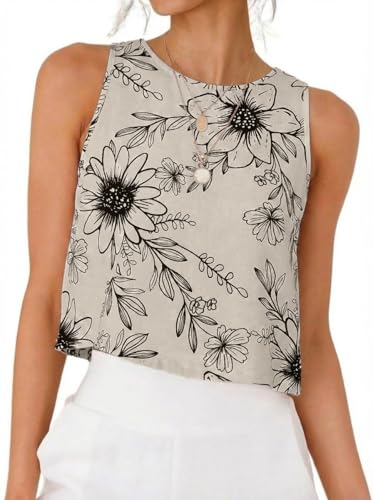 IDEALSANXUN Floral Tank Tops for Women 2026 Spring Summer Beach Boho Sleeveless Shirts Blouses Cute Crop Vest Top, Floral Cream Black, M