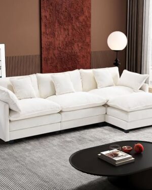Ihanherry 111.4" L Shaped Modern Sofa Modular Sectional Cloud Couch with Ottoman, 4-Seat Chenille Deep Seat Sofa with Pillow for Living Room, Bedroom and Apartment, Beige