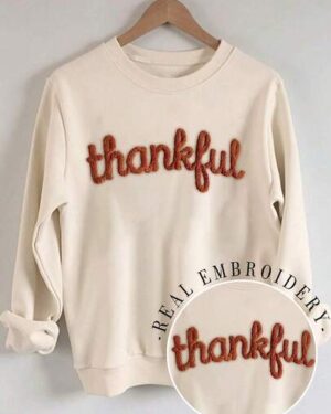 INAWLY Autumn Thanksgiving Thankful Embroidery Drop Shoulder Casual White Graphic Sweatshirt,Chenille Yarn Sportwear,Customized Christian Gift School Gift