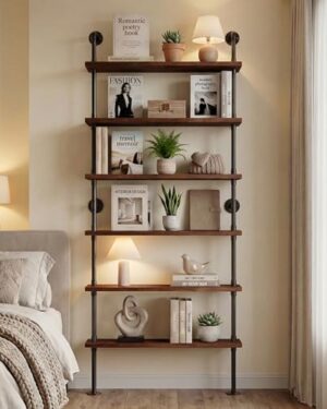 Industrial Pipe Bookshelf, Wall Mounted Shelf, 36 Inch, Walnut Brown