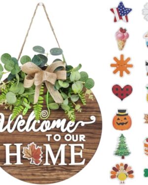 Interchangeable Seasonal Welcome Sign Front Door Decor, 12 Inch Round Wood Wreaths Wall Hanging Indoor Outdoor, Farmhouse, Rustic, Porch, for Spring Summer Fall All Seasons Holiday Home Decoration