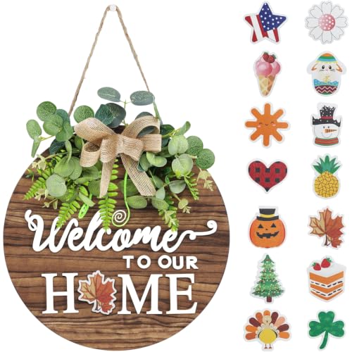 Interchangeable Seasonal Welcome Sign Front Door Decor, 12 Inch Round Wood Wreaths Wall Hanging Indoor Outdoor, Farmhouse, Rustic, Porch, for Spring Summer Fall All Seasons Holiday Home Decoration