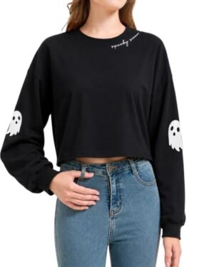 IOCVUFK Women Halloween Crop Sweatshirt Funny Fall Ghost Witch Pullover Spooky Season Casual Oversized Crop Top