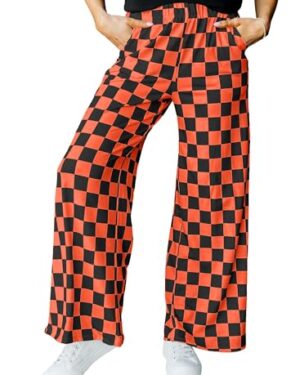 IWOLLENCE Halloween Women's Wide Leg Pants Checkered Casual Loose High Waist Loungewear Y2K Teen Gingham Sweatpants Summer Black Orange Plaid, M