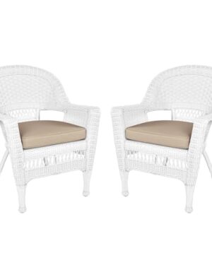 Jeco Wicker Chair with Tan Cushion, Set of 2, White/W00206-