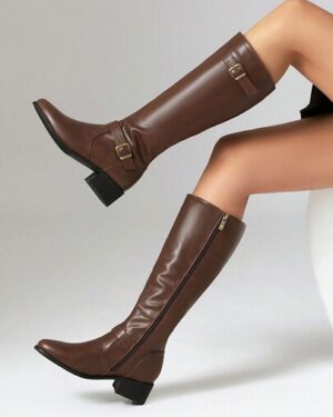 JIAOFEITI Women's Vintage Side Zipper Knee-High Boots, Round Toe Flat Riding Boots For Spring And Autumn
