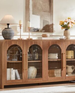 JINVICJIASI 65" Sideboard Buffet Cabinet with Arched Glass Doors, Brown