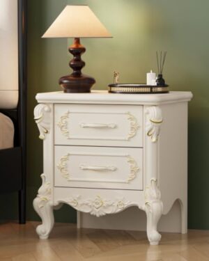 JOIKUJIA Vintage Nightstand Carved Bedside Table with 2 Drawers, French Country Night Stand Accent End Side Table with Leg, for Bedroom Living Room, Beige & Gold, 18.9”W x 15”D x 21.1”H