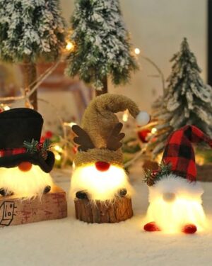 JOYWU Gnome Christmas Ornaments,3 Pcs Gnome Xmas Decor with Led Lights,3-Color Handmade Swedish Tomte Gnomes,Santa Elf Dwarf Figurines,Christmas Decoration for for Table Shelf Mantle (Led-3 Color)