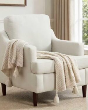 Ketaiyou Mid-Century Accent Chair Modern Linen Fabric Armchair for Living Room,Comfy Upholstered Reading Chairs for Bedroom,Single Sofa Chair with Wood Legs (Linen Beige, Set of 1)