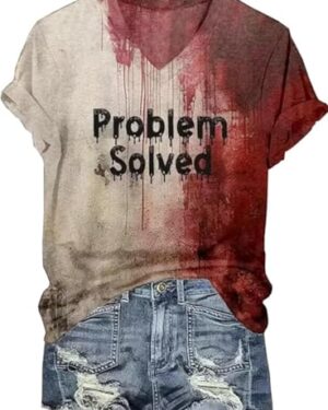 kfulemai Womens I'm Fine Bloody Halloween Shirt Sanderson Sisters Short Sleeve Problem Solved Blood Horror Graphic Tee(L,V-Problem)