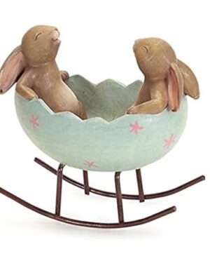 KiaoTime Laughing Bunny Rabbits Rocking in an Easter Egg Cradle Spring Easter Decoration Vintage Rustic Country Bunnies Rabbit Figurine Statue (Bunnies in a Cradle)