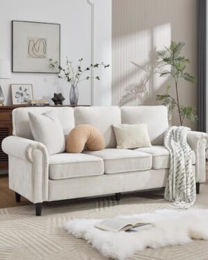 Kingfun 3 Seater Couch, Mid Century Modern Sofa with Rolled Arms and Deep Seats, Fluffy Comfort for Living Room, Apartment, Easy Assembly, Beige
