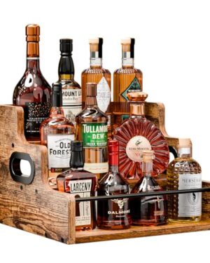 KLM Liquor Bottle Display Shelf, Coffee Syrup Rack Organizer, 3 Step Countertop Liquor Wine Rack, mini bar,liquor cabinet, Home Retro Bar Shelf Stand for Liquor Whiskey, Spirits