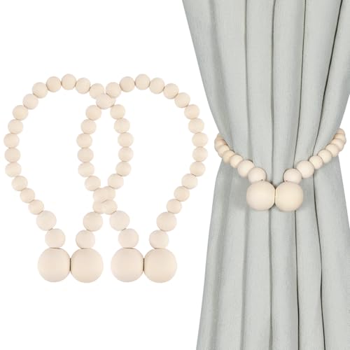 KLOGTSIND Magnetic Curtain Tiebacks, 2 Pack Wood Bead Curtain Holdbacks
