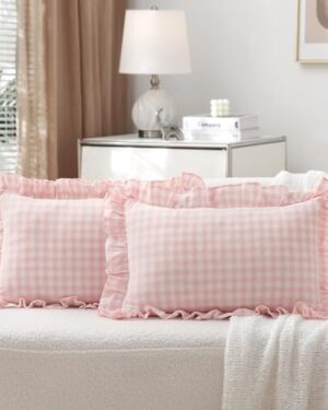 K MASANIJI 2 Pack Blush Gingham Lumbar Throw Pillow Shams 12''x20''