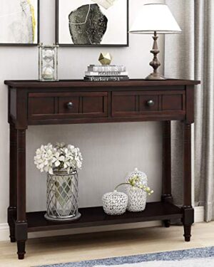 Knocbel 35.5 Inch Antique Entry Console Table with Drawers & Bottom Open Shelf, Solid Wood Sofa Couch Table for Entryway Hallway Living Room (Espresso)