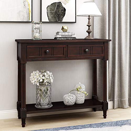 Knocbel 35.5 Inch Antique Entry Console Table with Drawers & Bottom Open Shelf, Solid Wood Sofa Couch Table for Entryway Hallway Living Room (Espresso)