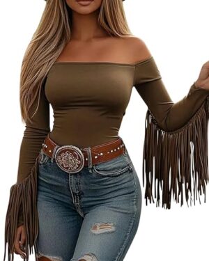 KWSTAIN Cowgirl Outfits for Women Brown Western Flowy Fringe Off Shoulder Fall Long Sleeve Rodeo Blouses with Tassels (Brown,M)